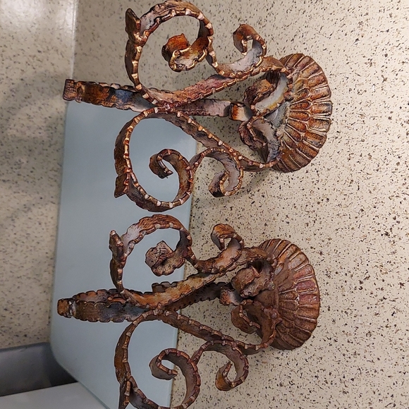 2 Pillar Candle Holder Architectural Scroll Brutalist Style Heavy Metal Sturdy - Picture 9 of 11